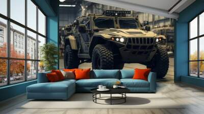 Military ATV parked inside a military hangar. Wall mural