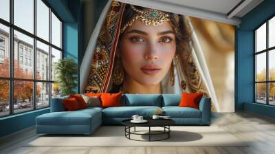 Portrait of beautiful islamic girl wearing traditional clothes and jewelry. Wall mural