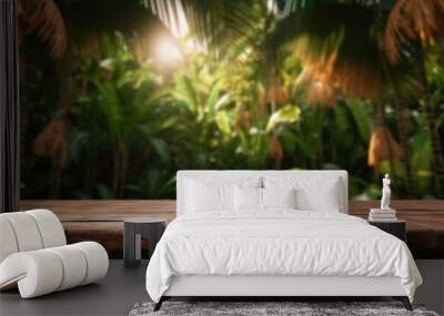 Wood table top with blur on green palm leaves or tree in tropical forest. Generative AI Wall mural