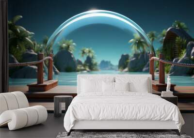 Wooden platform and glass dome and free space for your products. Summer holiday day and seascape. Wall mural