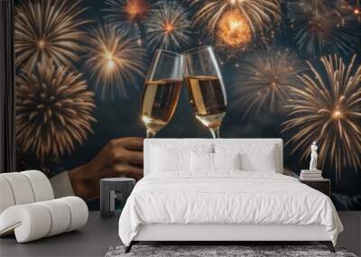 Raise your glass to celebration enjoying champagne toasts against a dazzling fireworks display Wall mural