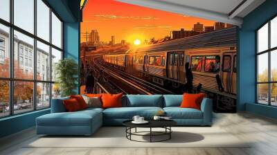 Dawn's Arrival: Commuter Train Chronicles in the Vibrant Urban Landscape 2. Generative AI Wall mural