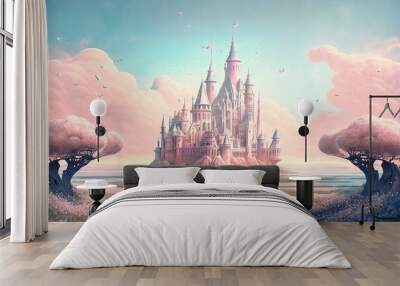 Dreamlike Castle in Pastel Colors - A Magical Medieval Kingdom Illustration 3. Generative AI. Wall mural