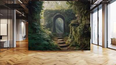 Enigma's Passage: The Hidden Stone Doorway in the Ancient Ruins 1. Generative AI Wall mural