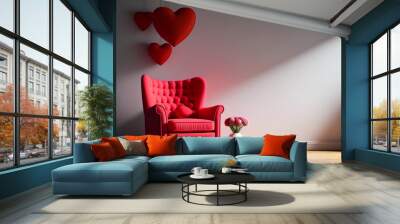 Valentine interior room have red armchair and home decor for valentine's day. Generative AI. Wall mural