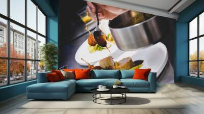 chef cooking, Chef preparing food, meal, in the kitchen, Chef decorating dish Wall mural