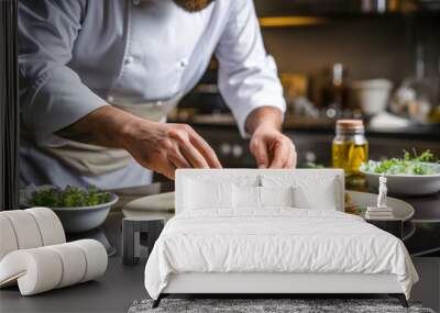 Chef preparing food  meal  in the kitchen, chef cooking in kitchen , Chef decorating dish  closeup Wall mural