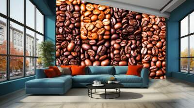 Coffee Bean Mosaic: A captivating visual feast of roasted coffee beans, arranged in a harmonious mosaic of rich browns and golden hues, capturing the essence of coffee's aroma and flavor.   Wall mural