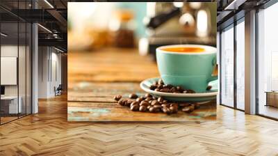 Coffee Break: A steaming cup of espresso with coffee beans, resting on a rustic wooden table, with a professional espresso machine in the background. The perfect visual for a blog post, social media p Wall mural