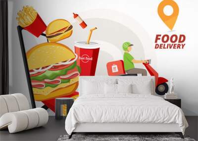 Food delivery service, Fast food delivery, Scooter delivery service , Vector illustration Wall mural