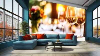 Romantic Dinner Date: Two glasses of white wine set on a table with flowers and candles, creating a warm and inviting atmosphere perfect for a romantic evening. Wall mural