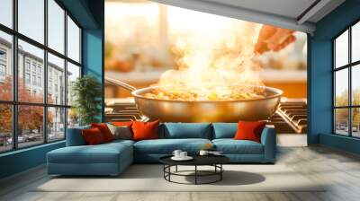 Sizzling Sunset Supper: Aromatic vegetables sizzle in a sun-drenched kitchen, a chef's hand expertly stirring the culinary creation.  Wall mural