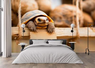 Tiny Tortoise with a Blank Slate:  A small, curious tortoise peeks out from behind a blank sign, perched on a wooden shelf amidst a backdrop of potatoes, hinting at a story waiting to be written.   Wall mural