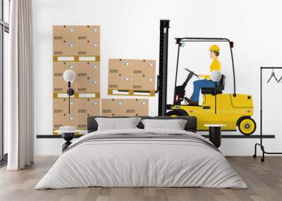 Forklift operations concept. Forklift truck stacks pallets with cardboard boxes. Side view. Flat vector. Wall mural