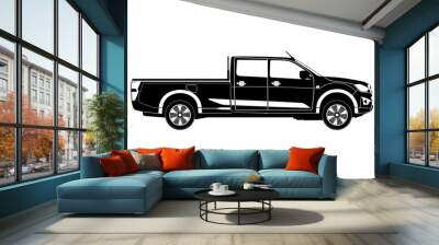 Silhouette of a modern pickup. Side view. Editable vector consisting of two shapes: black and white. Wall mural