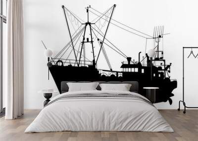 Silhouette of a trawler. Fishing boat on a white background. Flat vector. Wall mural