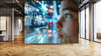 A close-up of a young girl captivated by digital technology, exploring futuristic visuals and vibrant graphics. Wall mural