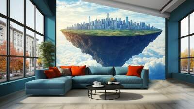 A futuristic floating city above the clouds which appears to be a surreal, science fiction landscape soaring high in the sky. Wall mural