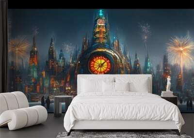 A magical winter scene featuring festive lights and decorations, capturing the essence of a vibrant holiday celebration. Wall mural