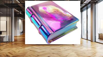 A vibrant, holographic book with a glossy cover reflecting colorful light, perfect for artistic and creative themes. Wall mural