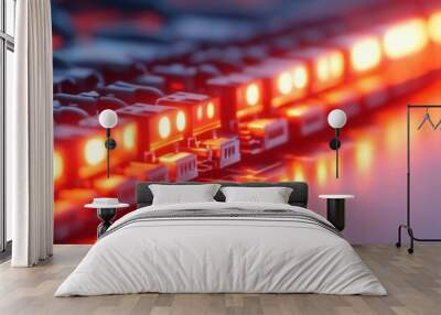 Close-up view of a server rack with glowing red lights, showcasing modern technology and data center infrastructure. Wall mural