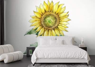 Cute watercolor clipart of a sunflower reaching towards the sun, single object, isolated on white, with a bright, cheerful design that embodies the warmth of summer , low noise, low texture Wall mural