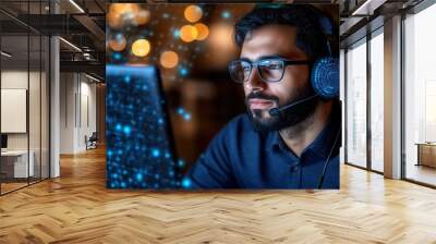 Focused man using a computer headset, engaged in online communication with digital effects in the background. Wall mural