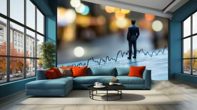 Miniature businessman standing on financial chart with blurred night city lights, symbolizing analysis and business strategy. Wall mural