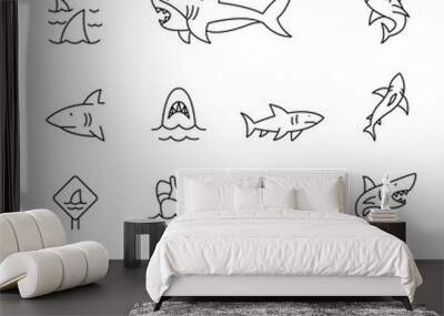 Shark icon set in thin line style Wall mural