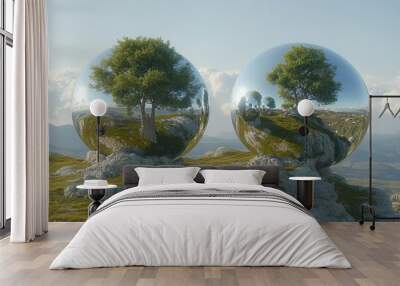 Surreal landscape featuring two reflective spheres with trees inside, set on a rocky terrain under a clear sky. Wall mural