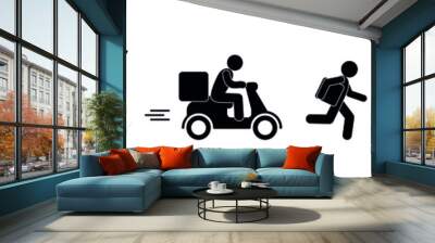 cargo transportation, parcel delivery, illustration of movers and couriers, stick figure man carries a box, food delivery icon Wall mural