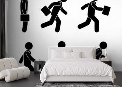 et icons, silhouette man with briefcase, illustration, stick figure pictogram man Wall mural