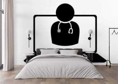 icon online doctor, telemedicine or telehealth,  virtual emergency medical consultation support,  video visit with doctor on laptop computer flat, icon for healthcare apps and websites Wall mural