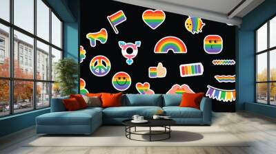 lgbt stickers set, gay pride icon, isolated on black background rainbow symbols, lgbtq pride month Wall mural