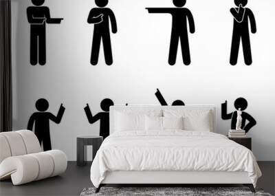 Man shows his finger, gesture indicates the direction, icon man, stick figure human silhouette, set of people various gestures with his hands Wall mural