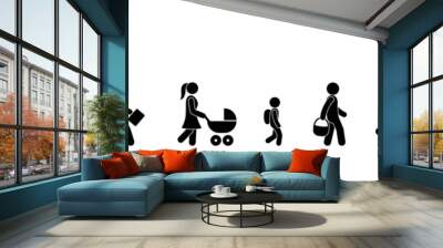 people carry wear, stick figure man icon, pictogram human silhouette, people walk, isolated symbols Wall mural