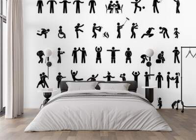 people pictogram in various poses, stick figure man isolated silhouette, human symbol icon Wall mural