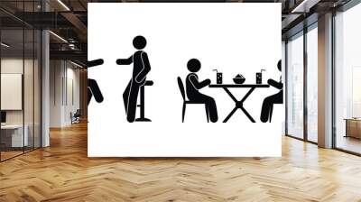 restaurant icon, stick figure pictogram man drinks and communicates, people sit at a table with drinks Wall mural