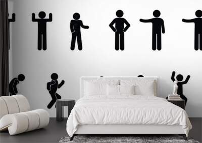 stick figure man, stickman icon, isolated people silhouettes, man standing, running, walking Wall mural