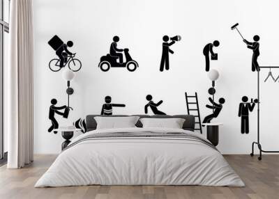 stick figure man working, icon of representatives of various professions, isolated pictograms of people busy with work Wall mural