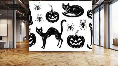 Grunge Halloween set of black cats, carved pumpkins, and spiders Wall mural