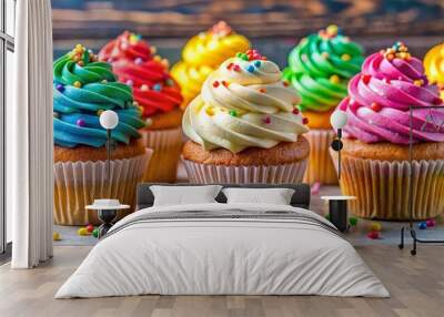 Close-up of Symmetrical Row of Six Colorful Cupcakes on a Wooden Table, Featuring Prominent White-Frosted Center Cupcake, Bright Sprinkles, and Cheerful Celebration Atmosphere Wall mural