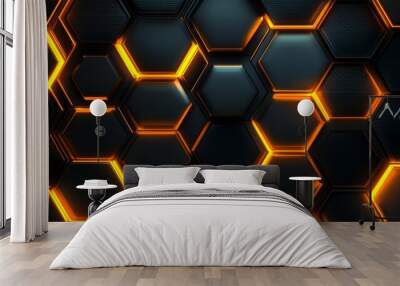 Glowing Hexagon Pattern, Black and Orange, 3D Rendering, Abstract, Technology, Background, Design Wall mural