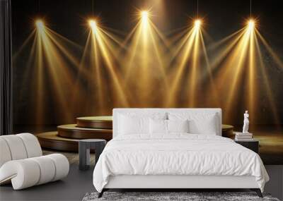 Golden Podium with Spotlights, 3D Render, Stage, Award ,podium ,lighting ,gold Wall mural