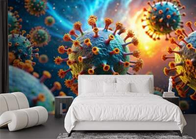 Microscopic View of a Coronavirus, Digital 3D Rendering, Close-up of a Virus, Blue and Orange Hues, Microscopic World, Virus, Microbiology Wall mural