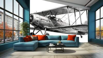 Pencil Sketch of a Vintage Biplane in Flight A Detailed Render of a Classic Aircraft's Form and Function Wall mural