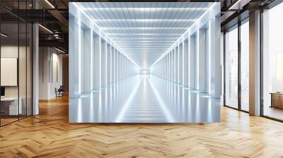 White Corridor Perspective, 3D Rendering, Futuristic Architecture, Light and Shadows, Clean Lines, Minimalist, Modern Wall mural