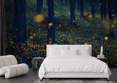 Japanese fireflies (Luciola parvula) flying around the trees (part 3) Wall mural