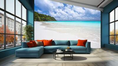 Travel vacation background concept at summer beach with the sunny sky at Phuket island, Thailand. Beautiful scene of blue sky and clouds on a sunny day. Empty holiday sea where horizon can see clearly Wall mural