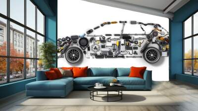 car silhouette made of details 3d render on white Wall mural